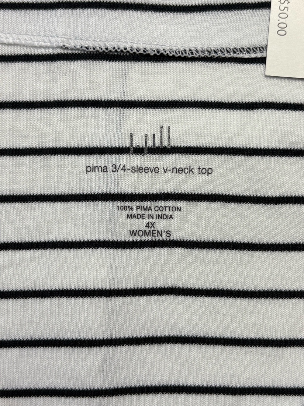 NWT J Jill Pima Cotton 3/4 Sleeve V-Neck Striped Tee Top White Midnight Blue 4X - Picture 6 of 9